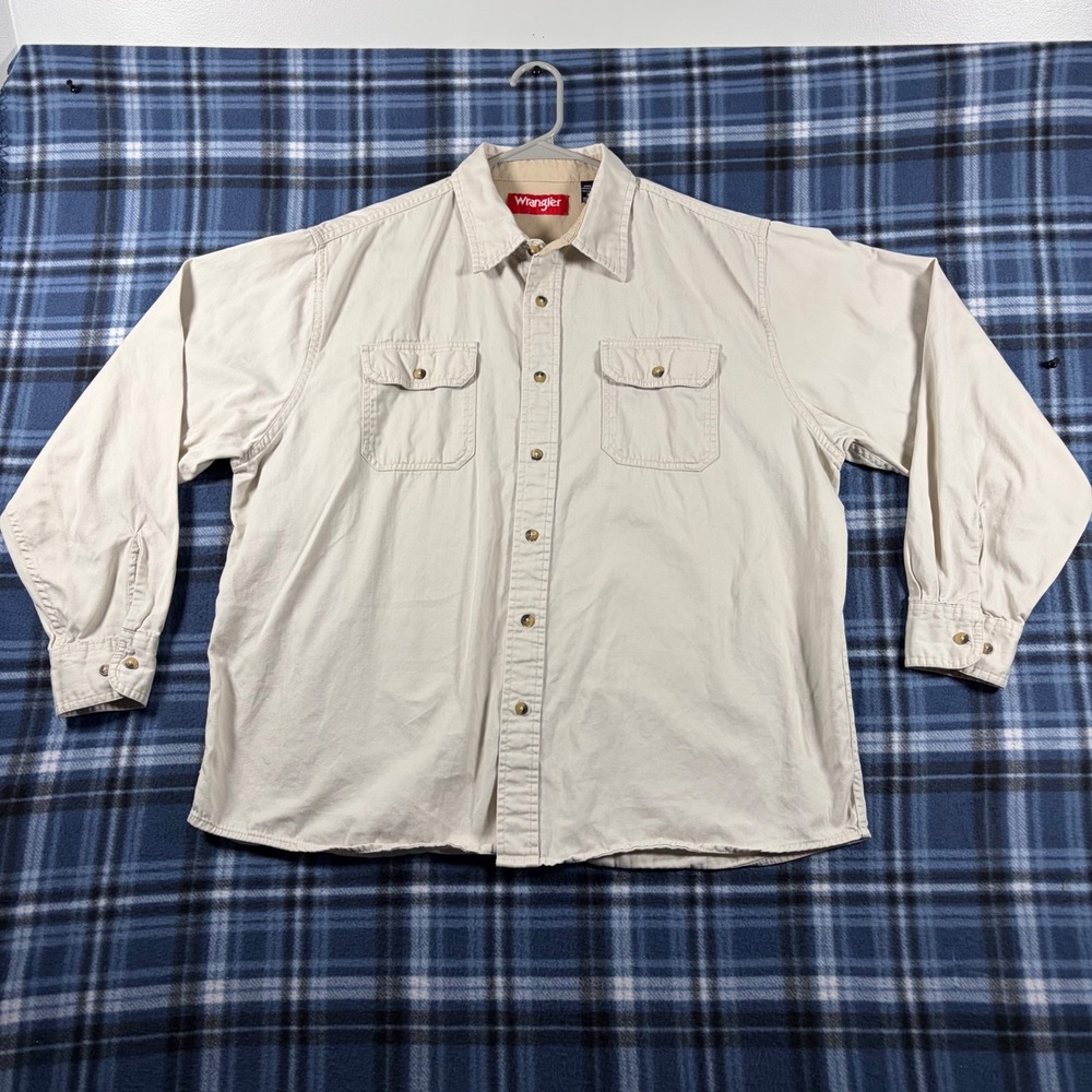 Wrangler Mens XL Tan Khaki Cotton Twill Long Sleeve Button Down Work Shirt